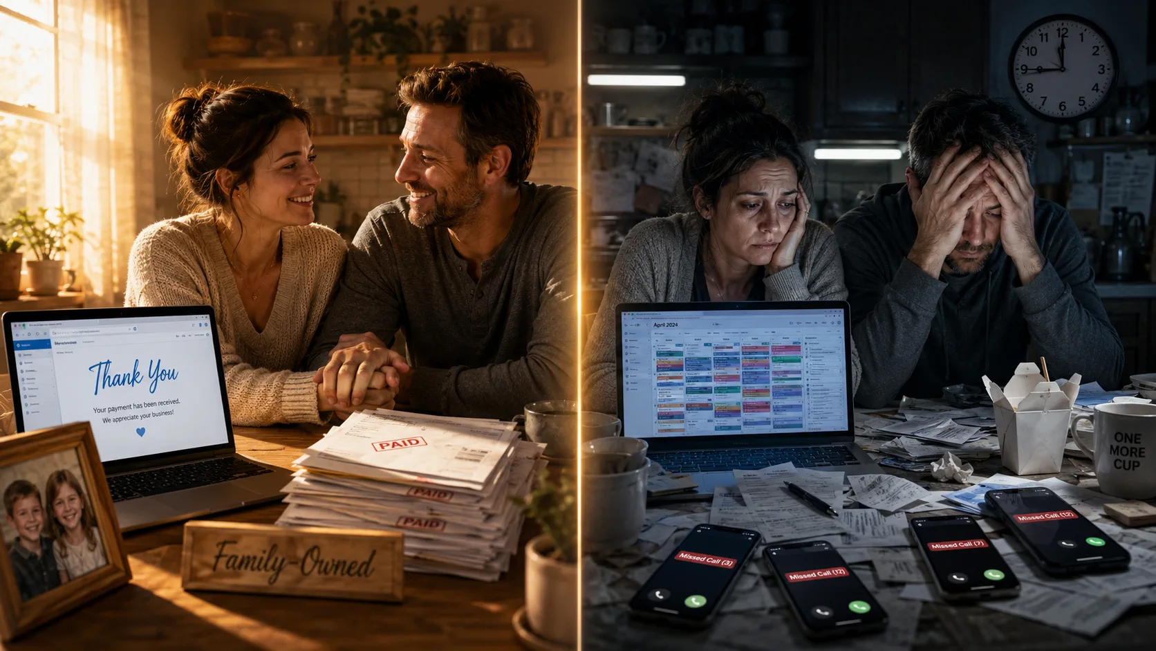 Family business owners before and after automation: on one side invoices marked paid and a thank-you payment message, on the other missed calls, paperwork, and a packed calendar