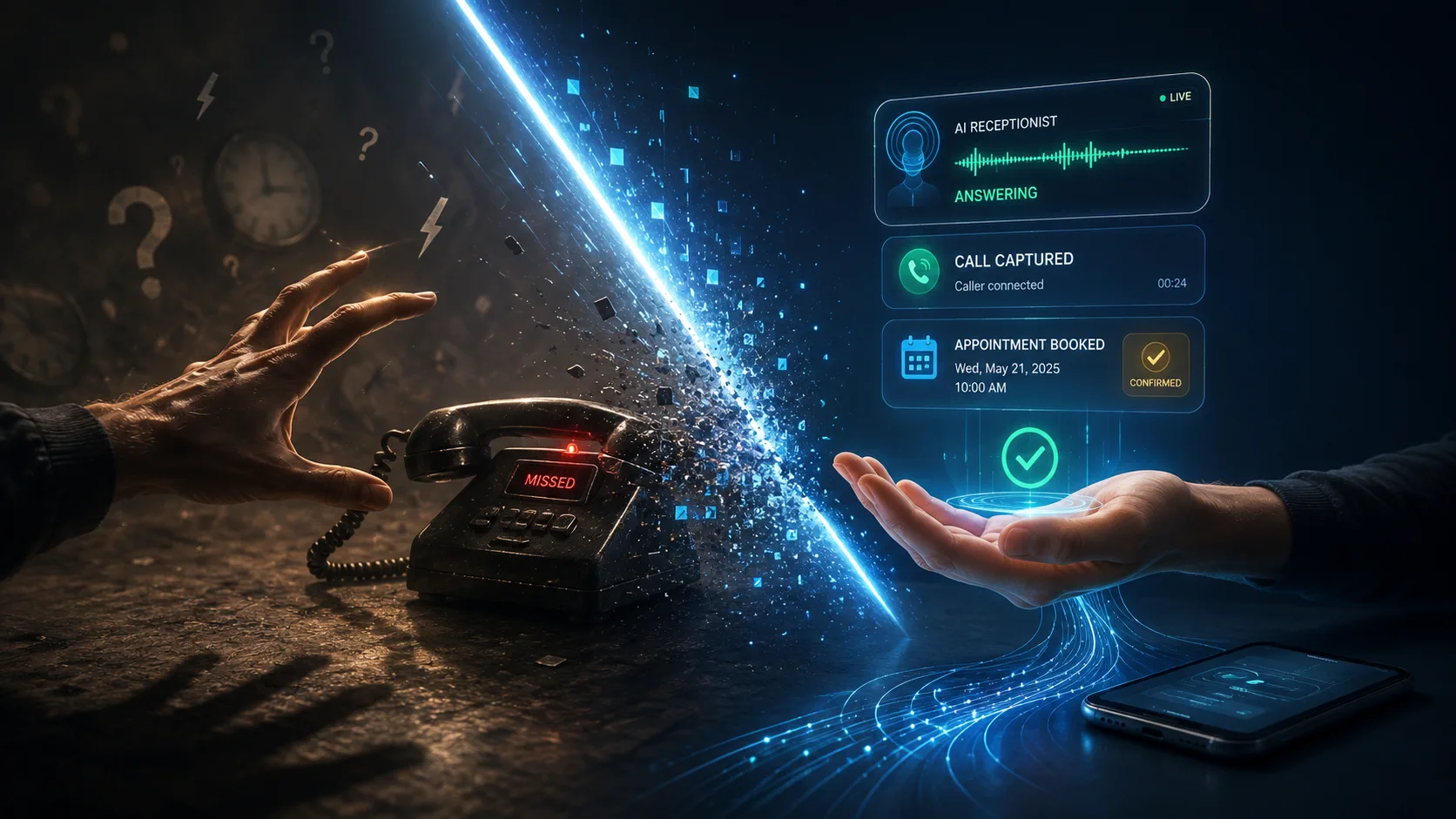 AI phone receptionist answering a business call