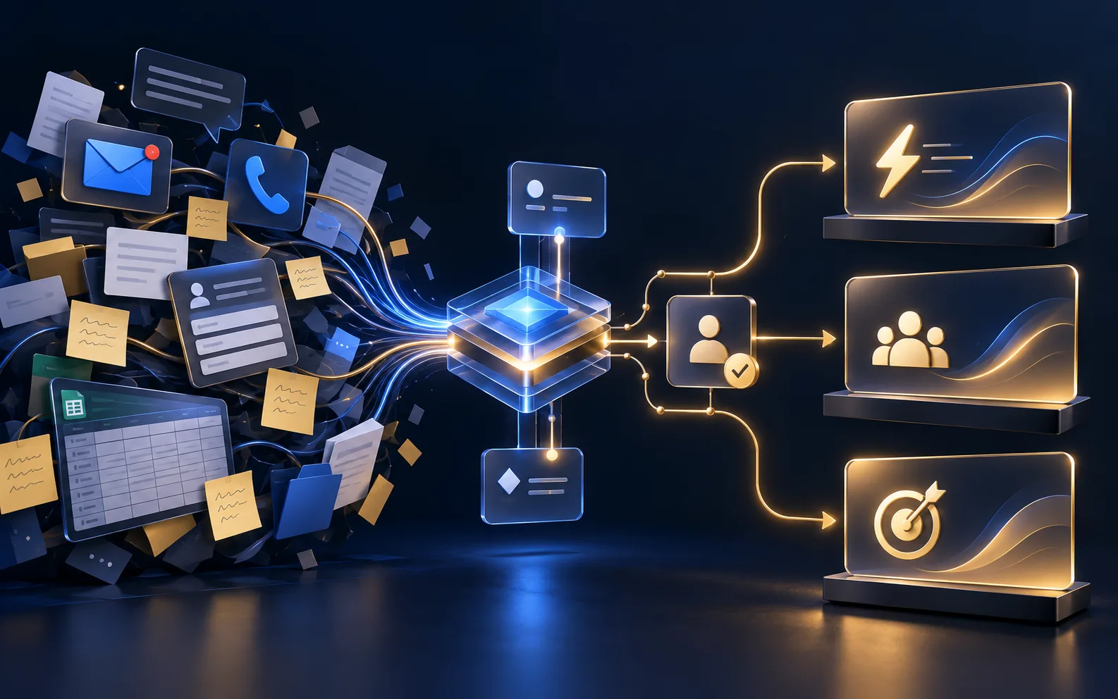 Illustration: fragmented inputs — calls, email, forms, spreadsheets — become one controlled, human-approved workflow with clear outputs